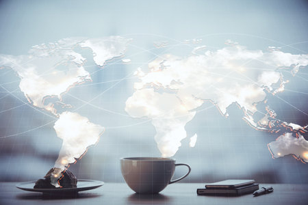 Double exposure of financial theme drawing hologram over coffee cup background in office. Concept of international business.の写真素材