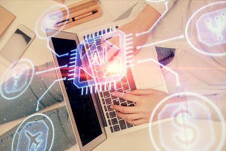 Double exposure of woman hands working on computer and data theme hologram drawing. Top View....