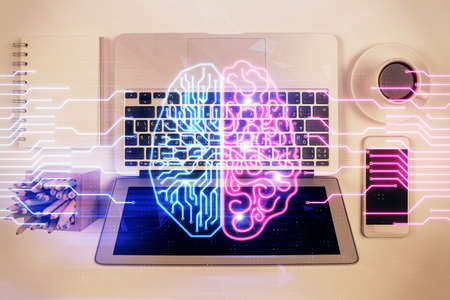 Double exposure of brain drawing hologram over topview work table background with computer. Concept of big data.の写真素材