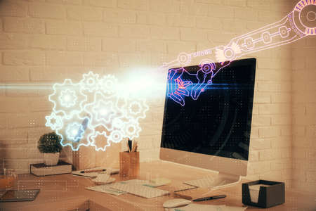Double exposure of data theme drawing and office interior background. Concept of technology.