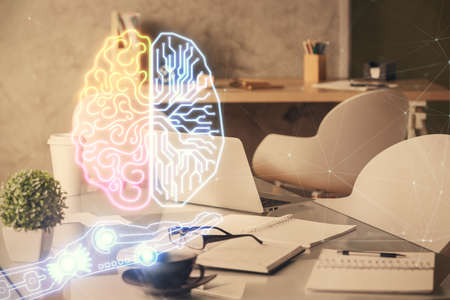 Double exposure of brain drawing and office interior background. Concept of data technology.の写真素材