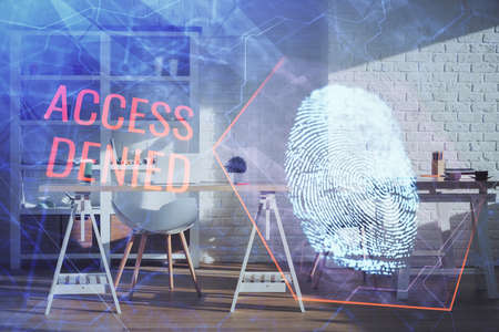 Double exposure of finger print and office interior background. Concept of security.の写真素材