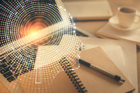 Double exposure of brain drawing and desktop with coffee and items on table background. Concept of...