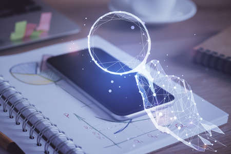 Double exposure of creative drawing over cell phone background. Concept of start up