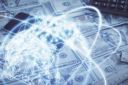 Multi exposure of business theme drawing over us dollars bill background. Concept of financial success.の写真素材