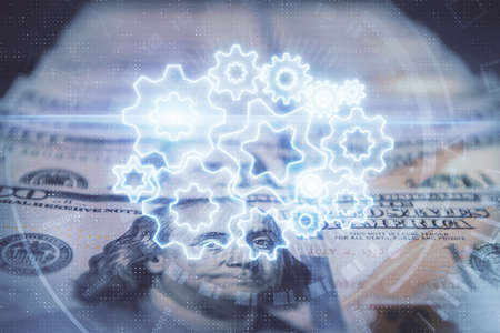 Multi exposure of business theme drawing over us dollars bill background. Concept of financial...