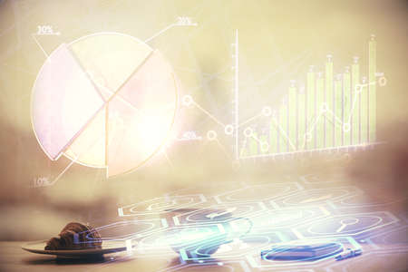 Double exposure of forex chart over coffee cup background in office. Concept of financial analysis...