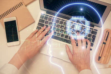 Double exposure of woman working on computer andhuman brain hologram drawing. Top View. Ai concept.
