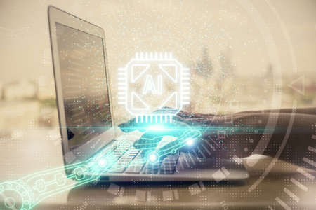 Double exposure of woman hands working on computer and data theme hologram drawing. Tech concept.