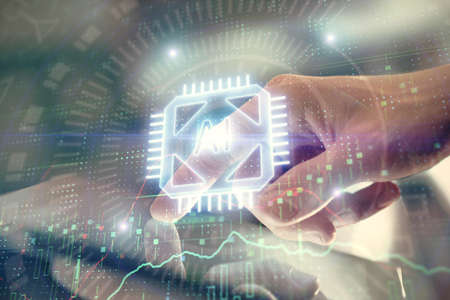 Multi exposure of man's hand holding and using a digital device and data theme drawing. Innovation...
