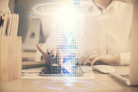 Double exposure of technology sketch hologram and woman holding and using a mobile device. Ai conceptの写真素材