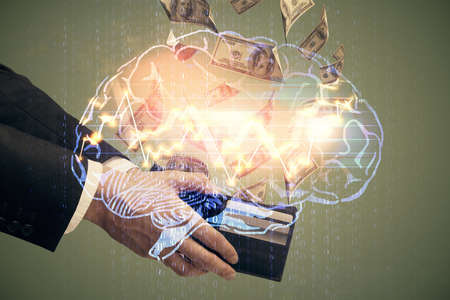 Multi exposure of brain drawing hologram and us dollars bills and man hands. Ai invest concept