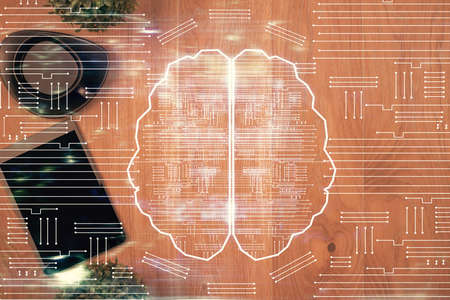 Multi exposure of brain drawing over work table desktop. Top view. Global data analysis concept.