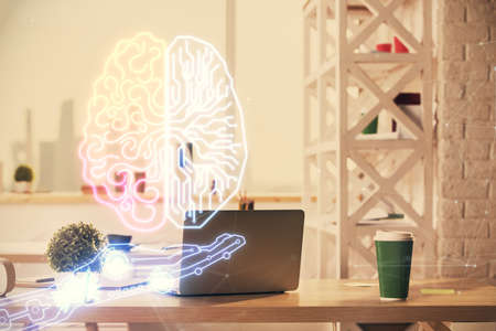 Double exposure of brain drawing and office interior background. Concept of data technology.