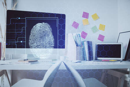 Double exposure of finger print and office interior background. Concept of security.