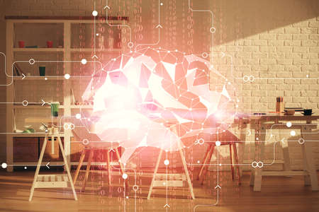 Multi exposure of brain drawing and office interior background. Concept of data technology.の写真素材