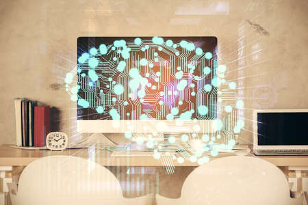 Multi exposure of brain drawing and office interior background. Concept of data technology.