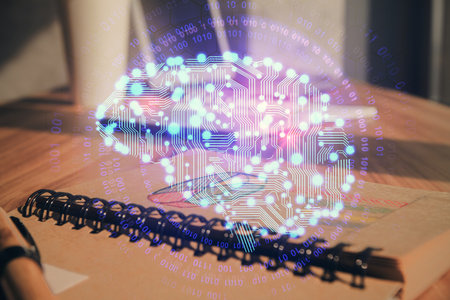Multi exposure of brain drawings and desk with open notebook background. Concept of AIの写真素材
