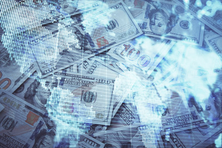 Multi exposure of business theme drawing over us dollars bill background. Concept of financial success.の写真素材