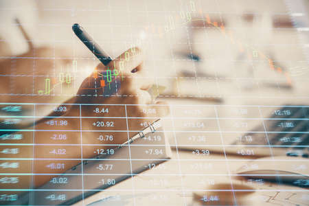 Double exposure of forex graph drawing over people taking notes background. Concept of financial...