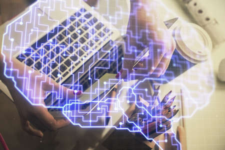 Multi exposure of woman hands working on computer and human brain hologram drawing. Ai tech concept.