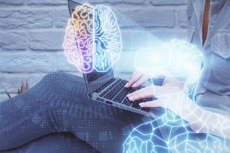 Double exposure of woman hands typing on computer and man in AR glasses drawing. Education concept.