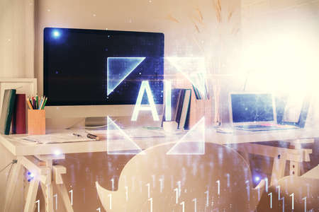 Double exposure of data theme drawing and office interior background. Concept of technology.