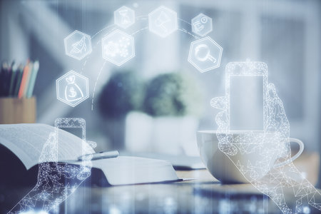 Double exposure of technology theme drawing and desktop with coffee and items on table background. Concept of high tech.の写真素材