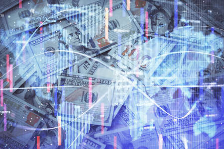 Multi exposure of business theme drawing over us dollars bill background. Concept of financial...