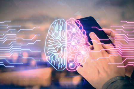 Double exposure of man's hand holding and using a digital device and brain hologram drawing. Data concept.の写真素材