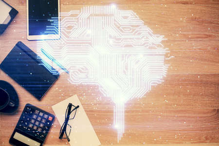 Double exposure of brain sketch and table top view. Concept of data analysis.