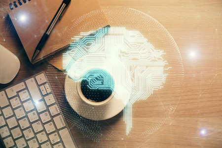 Double exposure of brain sketch and table top view. Concept of data analysis.の写真素材