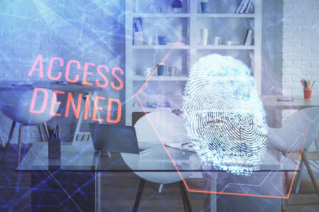 Double exposure of finger print and office interior background. Concept of security.の写真素材
