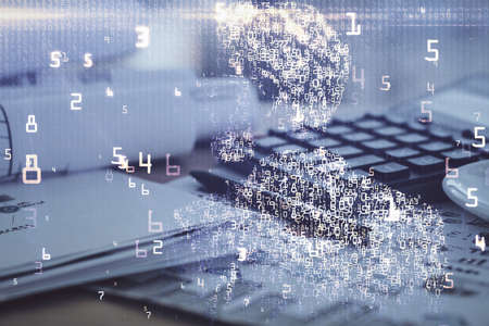 Double exposure of tech drawing and desk with open notebook background. Concept of technology