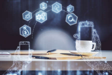 Double exposure of technology theme drawing and desktop with coffee and items on table background....