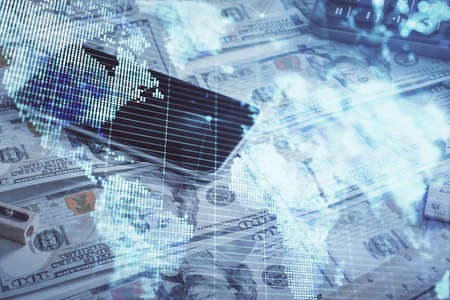 Multi exposure of business theme drawing over us dollars bill background. Concept of financial...