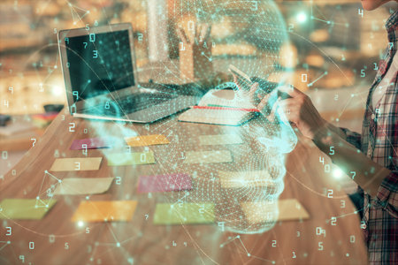 Multi exposure of woman hands working on computer and human brain hologram drawing. Ai tech concept.