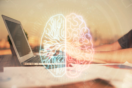 Multi exposure of woman hands working on computer and human brain hologram drawing. Ai tech concept.