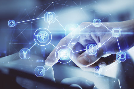 Double exposure of man's hands holding and using a phone and social network theme drawing.