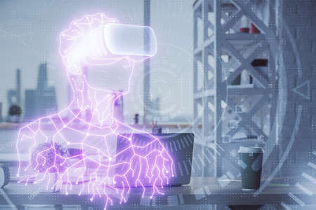 Double exposure of man in VR glasses drawing and office interior background. Concept of AR.