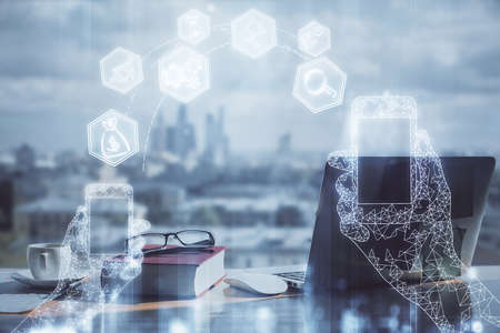 Double exposure of tech drawing and desk with open notebook background. Concept of technology