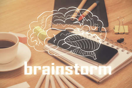 Double exposure of creative drawing over cell phone background. Concept of start upの写真素材