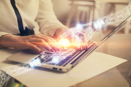 Multi exposure of woman hands working on computer and data theme hologram drawing. Tech concept.