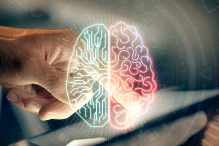 Double exposure of man's hand holding and using a digital device and brain hologram drawing. Data...