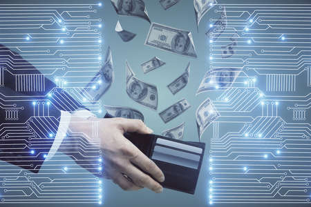 Multi exposure of Tech drawing hologram and USA dollars bills and man hands. Technology concept.