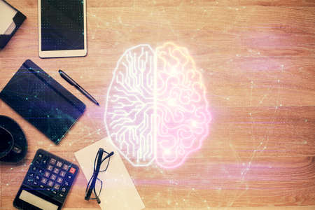 Double exposure of brain sketch and table top veiw. Concept of data analysis.の写真素材