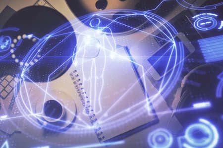 Double exposure of education theme drawing and work table top veiw.の写真素材