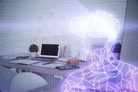 Double exposure of man in VR glasses drawing and office interior background. Concept of AR.