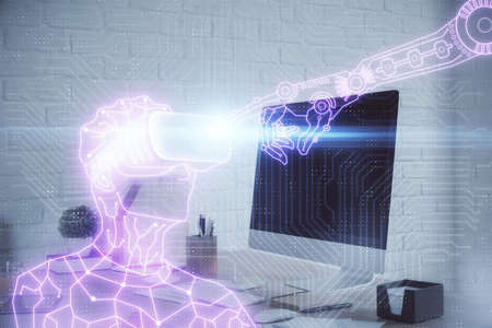 Double exposure of man in VR glasses drawing and office interior background. Concept of AR.