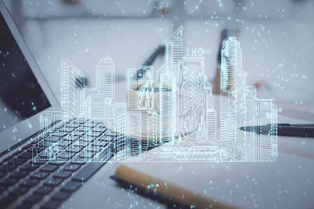 Double exposure of buildings drawing and desktop with coffee and items on table background. Concept...